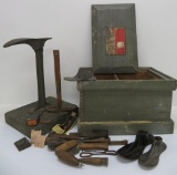 Shoe maker cobbler set with stand, and dovetailed box, Bradley & Melton Milw