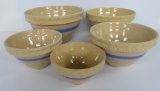Nest of 5 McCoy mixing bowls, pink and blue banded