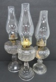 Three vintage glass oil lamps, hobnail bubble fonts and fancy stems, 7