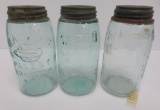 Three different Mason quart jars, Red Key, Marion and Consolidated