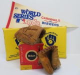 Baseball lot, 1982 Brewer pennant, seat cushions and vintage baseball gloves
