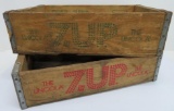 Two 7 up wooden soda crates, green and red, 18