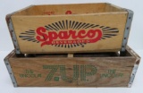 Two wooden soda crates, Sparco and 7 Up