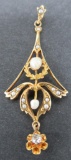 Gorgeous antique 14 kt gold lavalier with seed pearls and diamond, 1 3/4