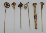 Five vintage stick pins and retractable toothpick