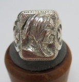 Native American themed ring, portrait top and arrowhead sides, marked 