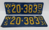 1931 matching pair Wisconsin license plates, blue and yellow 14 1/2