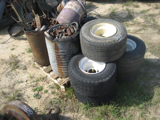 5 Golf Cart Tires / Buckets of Nuts/Bolts/Chains