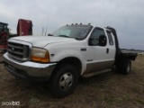 1999 FORD F350 TRUCK W/FLATBED,  POWERSTOKE DIESEL 8 DUALLY - WHITE IN COLO