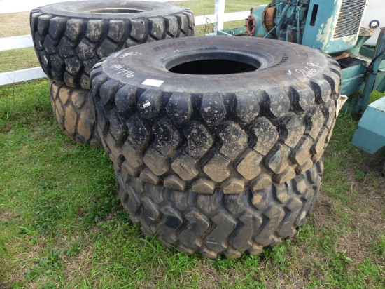 (4) 23.5x25 Loader Tires: 1 New, 3 Used, 1 on Wheel