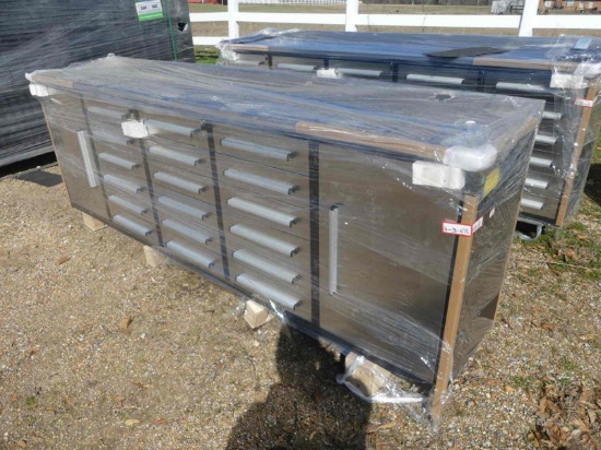 Unused 2023 Steelman 10' Work Bench: 18 Drawers, 2 Cabinets, Locking Drawer