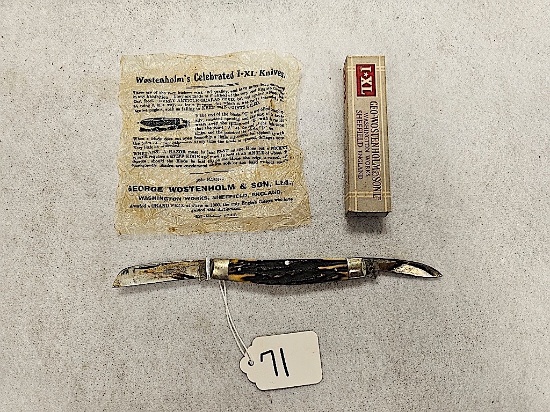 IXL SHEFFIELD ENGLAND 2 BLADE STAG HANDLE POCKET KNIFE IN ORIGINAL BOX