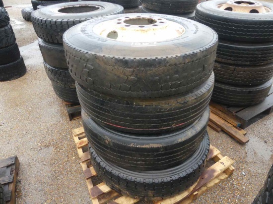 Pallet of Used 11R22.5 Tires and Beveled-hole Rims