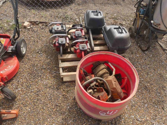 Pallet of (6) Homelite Chainsaws and Barrel of Chainsaw Parts