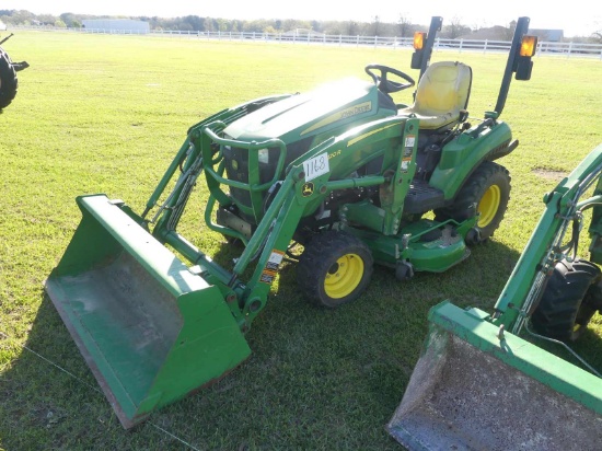 John Deere 1023E MFWD Tractor, s/n 1LV1023EAKK130566: 120R Loader w/ Bkt., 3PH, PTO, w/ JD 54D Autoc