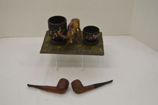 Tin Plate W/ Tin Stag, Park Paint, 2 Cups Attached And Pair Of Tobacco Pipe