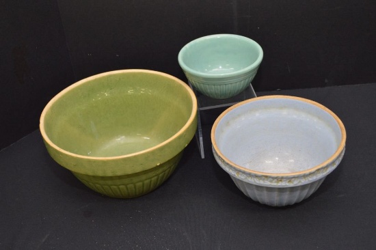 Group Of 3 Crock Bowls Unmarked: Green, Blue And Teal