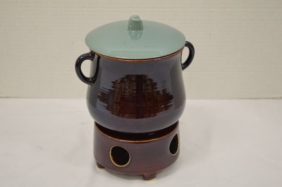 Red Wing Brown & Blue Bean Pot W/ Lid And Chaffing Stand