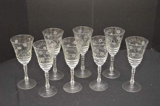 Set Of 8 Unmarked Fostoria Type, Etched Daisy Pattern, Wine Glasses