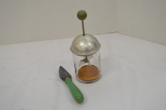 Green Handled Knife Hone And Glass Jar Food Chopper W/ Green Wood Ball