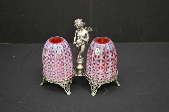 Fenton - Pewter Type Double Stand W/ Cherub In The Center And Cranberry Fai