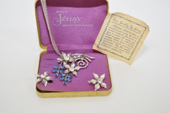 Set Of Jenay Jewerly, 1950s, Rhodium Plated Hand Pronged Blue Rhinestones I