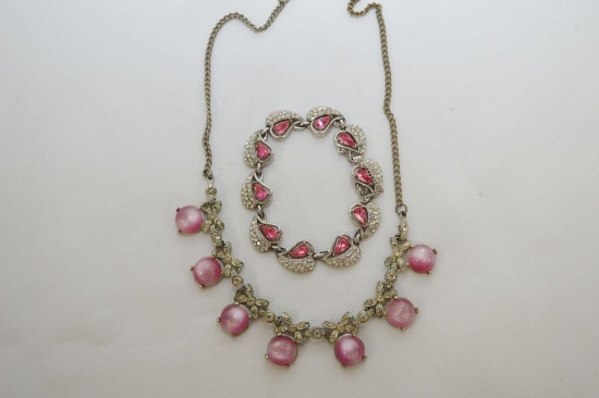 Pink Cat Eye Crystal Necklace & Pink Crystal Bracelet