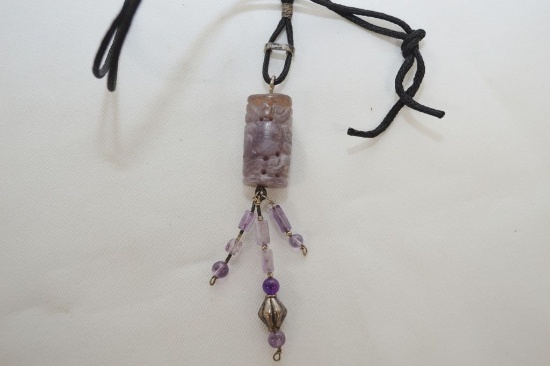Lavendar Jade(?) Carved Pendant W/ Black Cord Necklace