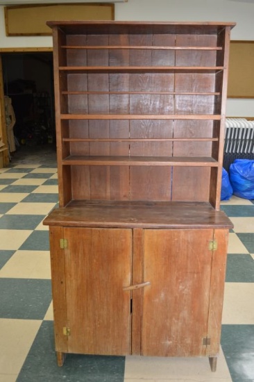 Primitive Open Shelf Kitchen Cabinet, 3 Shelves W/ Plate Rails, Double Door