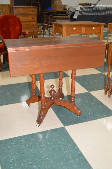 Walnut Small Drop Leaf Table W/ Spindle Legs And Center Fineal