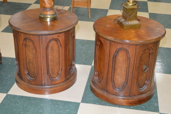 Pair Of Round Paneled Barrel Shaped Side Tables W/ Storage