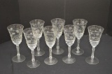 Set Of 8 Unmarked Fostoria Type, Etched Daisy Pattern, Wine Glasses