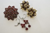 Lot Of Red Stone Brooch, Clip & Pierced Earrings