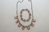 Pink Cat Eye Crystal Necklace & Pink Crystal Bracelet