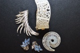 Asst. Jewelry Cuff Bracelet, 2 Brooches - 1 Trifari Blue Crystal & Silver T