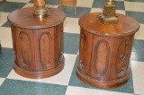 Pair Of Round Paneled Barrel Shaped Side Tables W/ Storage