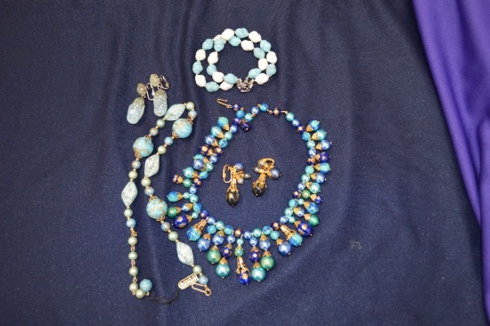 Asst Of Necklaces, Bracelets, Clip Earrings- Blue (some Trifari)