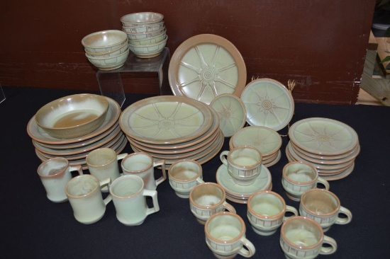 Frankoma Wagon Wheel Pattern Dish Set: Plates(12), Salads (8), Bowls (8), Cup & Saucer (8),