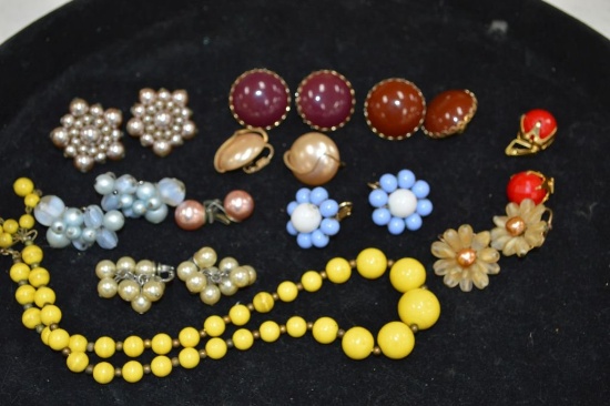 Asst Of Vintage Clip Earrings And Yellow Necklace