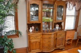 Oak Curved Center Section 6 Drawer China Hutch With Glass Front Leaded Door