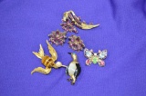 4- Brooches, 1- Set Clip Earrings (bird With Tiger Eye)