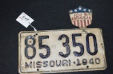 1940 Missouri License Plate W/ Topper