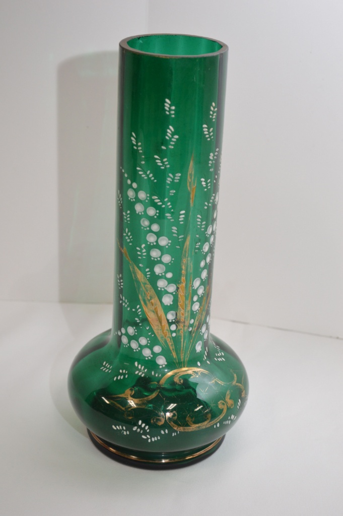 Lot Green Glass Vase With Hand Painted Wheat And Flower Design
