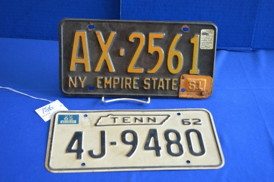 1961 Ny License Plate & 1962 Tenn License Plate