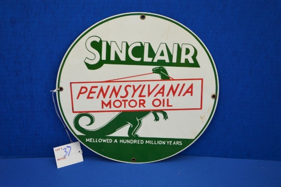 Sinclair Pennsylvania Motor Oil Round Porcelain Single Sided Sign - 11" Dia