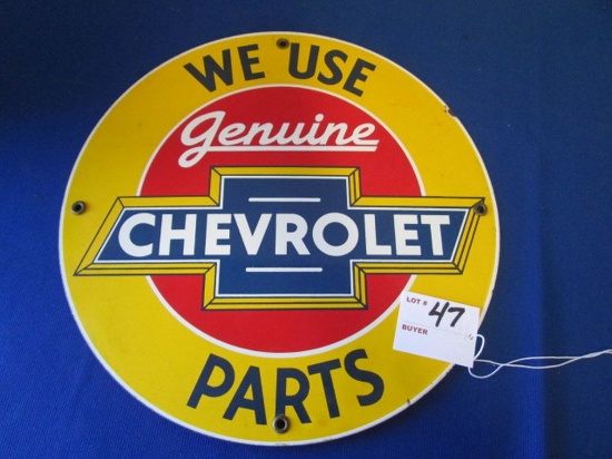 Porcelain "we Use Genuine Chevrolet Parts" Sign 11.75" Diameter