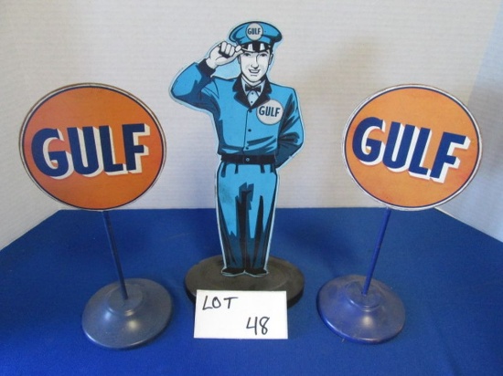 (3) Gulf Metal Advertising Displays 11" And 12.75" Tall