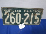 1939 Maryland License Plate