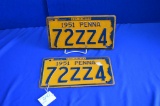 Pair Of 1951 Penna License Plates