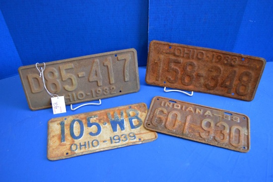 4 1930's License Plates Ohio, Indiana